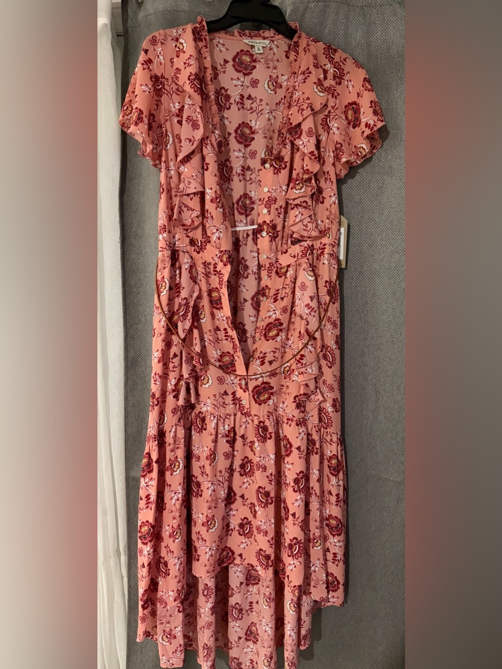 FRYE AND CO. Coral Pink Floral Ruffle Midi Dress